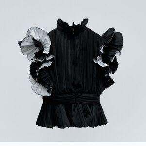 ZARA STUDIO Black Taffetta Voluminous Ruffled Frilly Sleeve Blouse